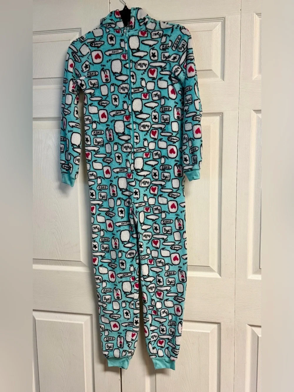 total girl Teal Fleece One-Piece Pajamas with Hearts and Speech Bubbles